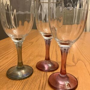 Set of 3 vintage 6oz wine glasses rose and green stem with gold rim